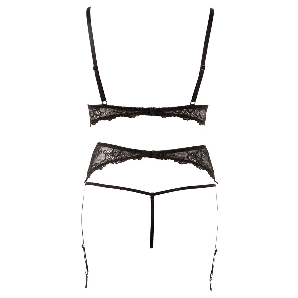 Set di pizzo con reggiseno string e reggicalze